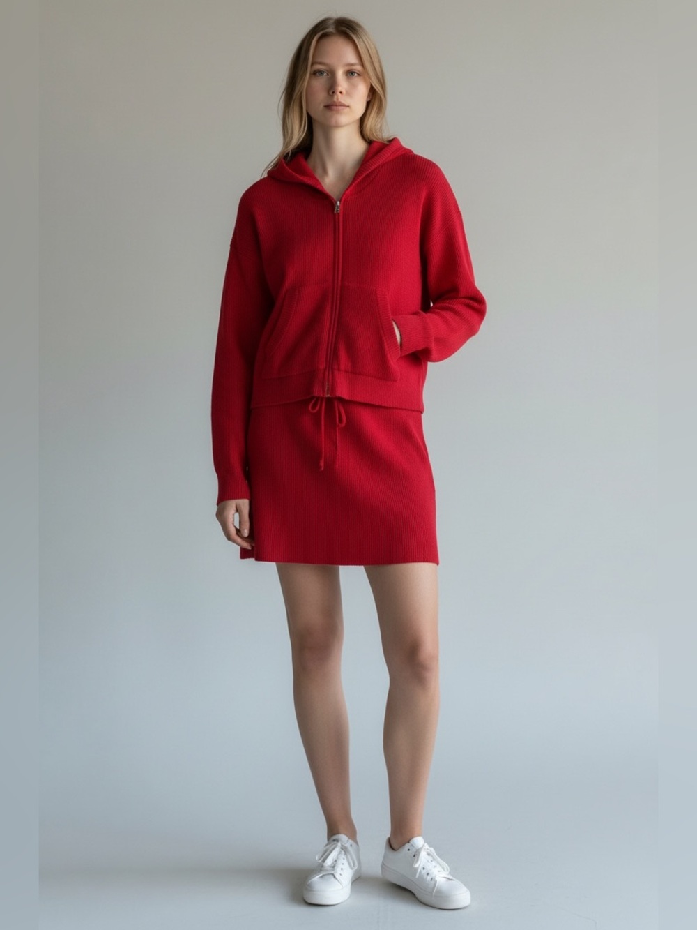 Anthropologie l*space Red matching set Mini Skirt and full zip hoodie/ pockets